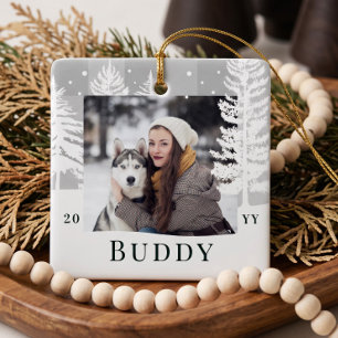 Grey Plaid Winter Pine Tree Personalised Pet Photo Ceramic Ornament