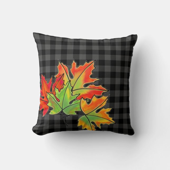 Grey Plaid with Fall Maple Leaves Cushion (Front)