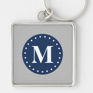 Grey Polka Dots Navy Blue Monogram Key Ring