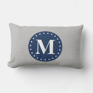 Grey Polka Dots Navy Blue Monogram Lumbar Cushion