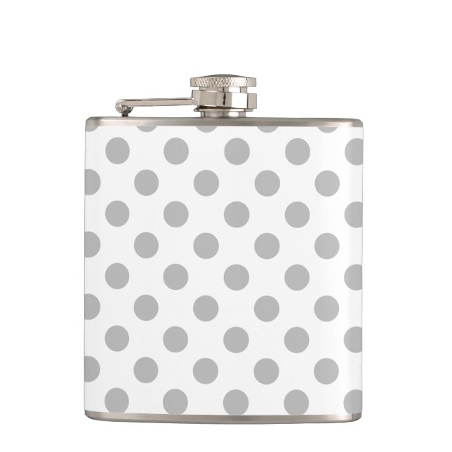 Grey polka dots on white hip flask (Front)