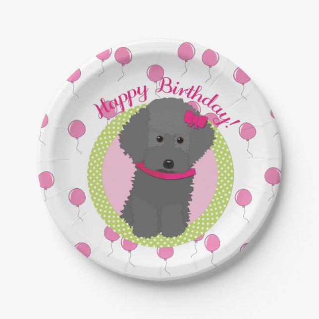 Grey Poodle Birthday Dog Pink Balloons Paper Plate (Front)