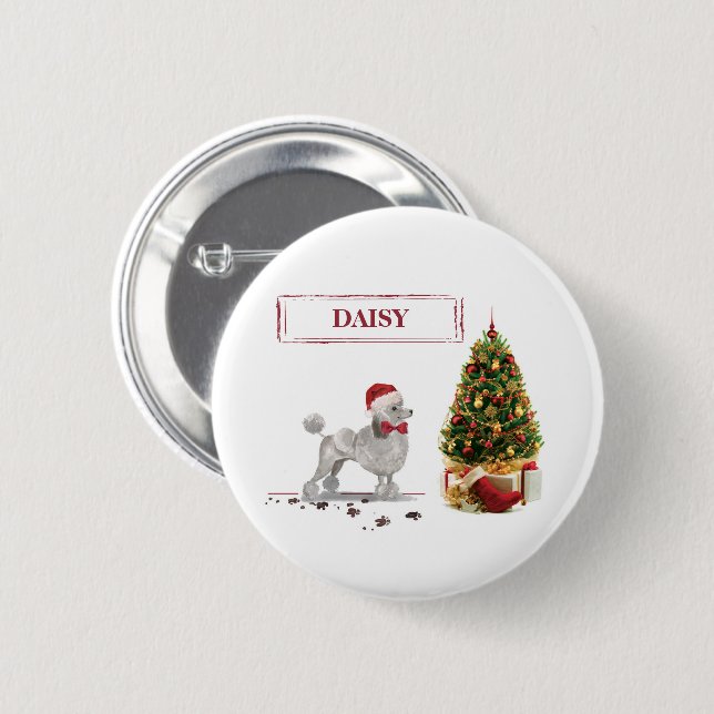 Grey Poodle Funny Christmas Dog with Tree 6 Cm Round Badge (Front & Back)