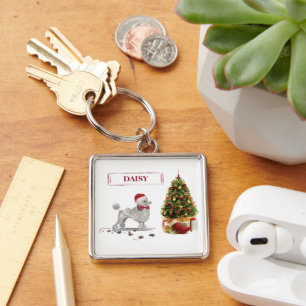 Grey Poodle Funny Christmas Dog with Tree Key Ring