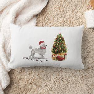 Grey Poodle Funny Christmas Dog with Tree Lumbar Cushion