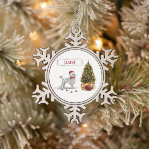 Grey Poodle Funny Christmas Dog with Tree Snowflake Pewter Christmas Ornament