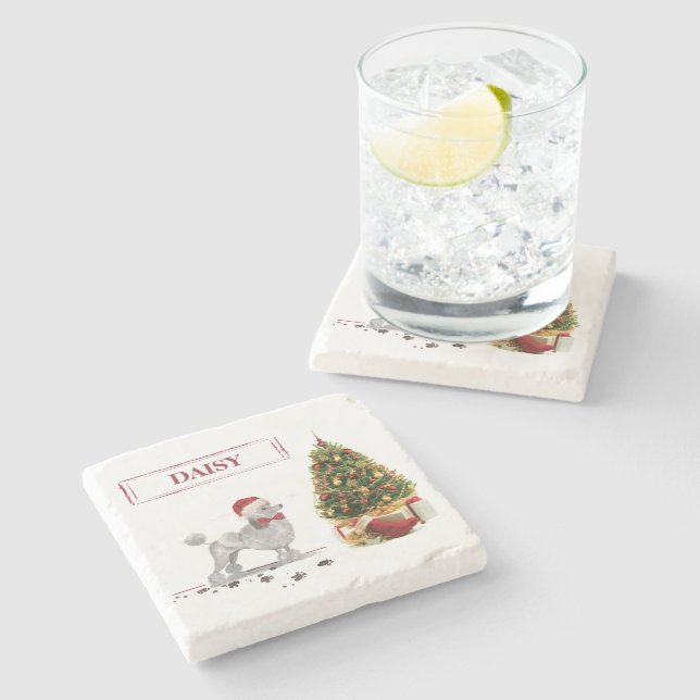 Grey Poodle Funny Christmas Dog with Tree Stone Coaster (Side)