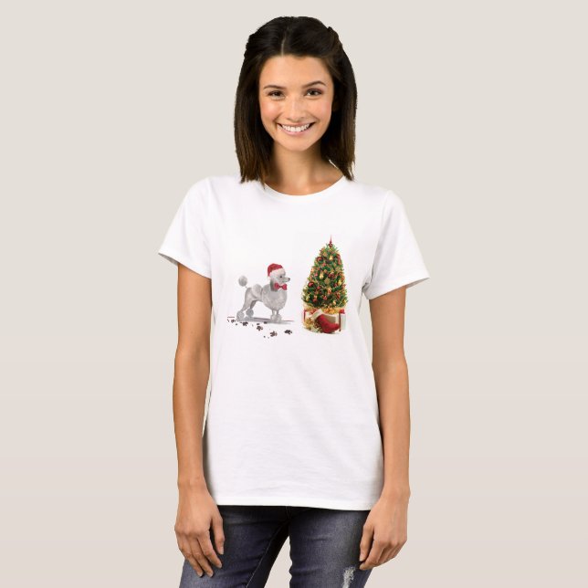 Grey Poodle Funny Christmas Dog with Tree T-Shirt (Front Full)