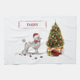 Grey Poodle Funny Christmas Dog with Tree Tea Towel