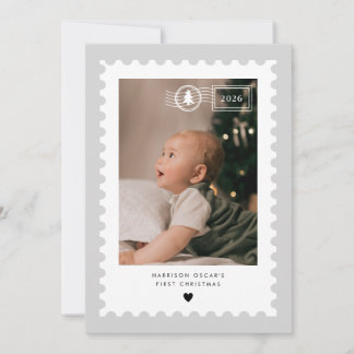 Grey Postage Stamp Baby's 1st Christmas Photo Holiday Card