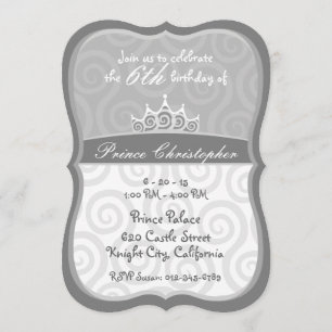 Grey Prince Crown Spirals Birthday Invitation