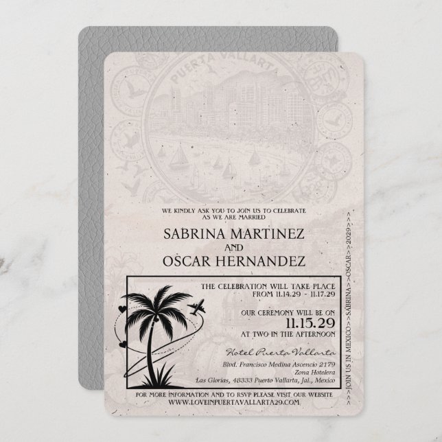 Grey Puerta Vallarta Passport Wedding Invitation (Front/Back)