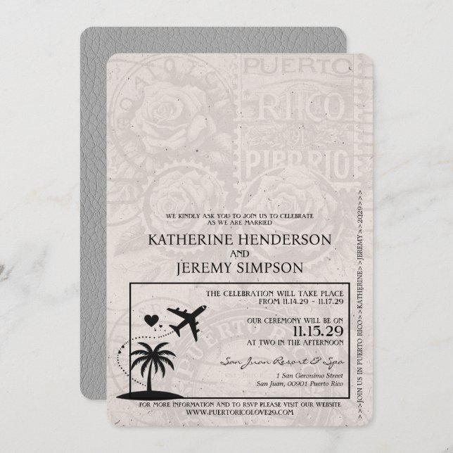 Grey Puerto Rico Passport Wedding Invitation (Front/Back)