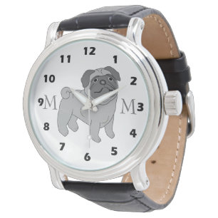 Grey Pug Dog Design Monogrammed Watch