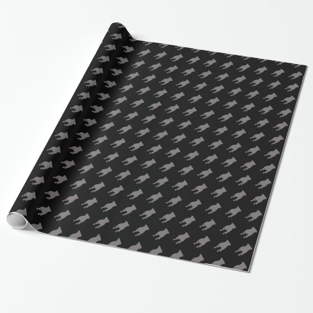 Grey Pug Silhouettes on Black Background Wrapping Paper (Unrolled)