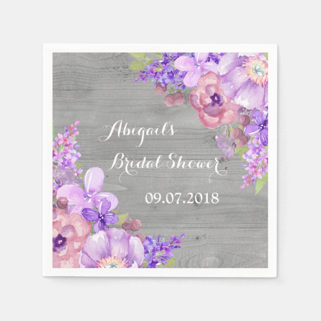 Grey Purle Lilac Floral Bridal Shower Napkins (Front)