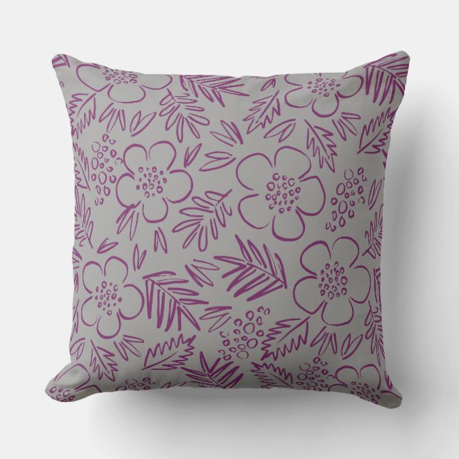Grey Purple Floral Pattern Cushion (Front)