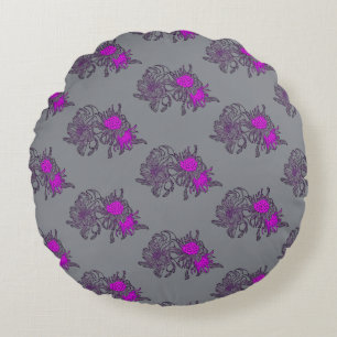 Grey Purple Floral Round Pillow