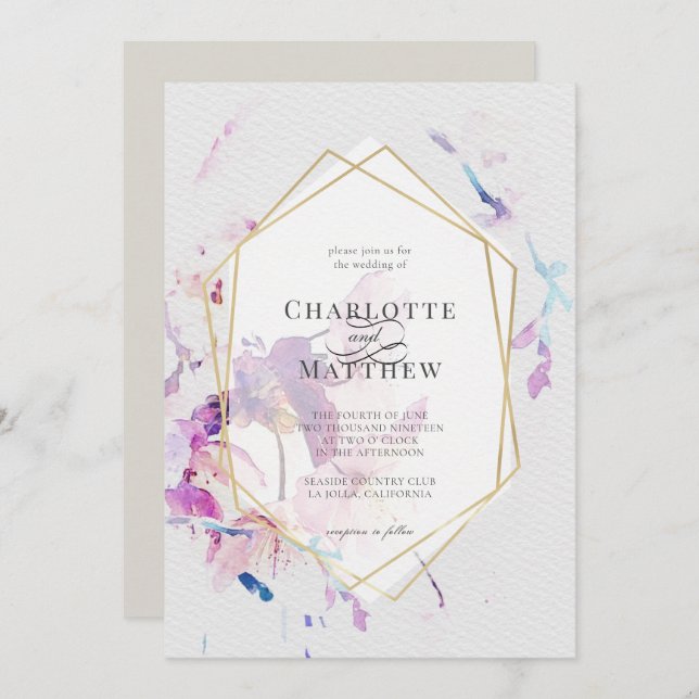 Grey & Purple Watercolor Floral Gold Frame Wedding Invitation (Front/Back)