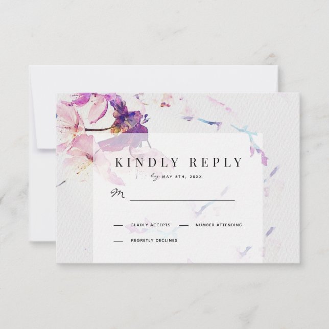 Grey & Purple Watercolor Floral Wedding RSVP Card (Front)