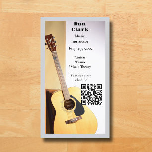 Grey QR Code Music Teacher Acoustic Guitar  Business Card