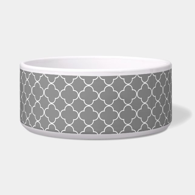 Grey Quatrefoil Custom Dog Bowl (Front)