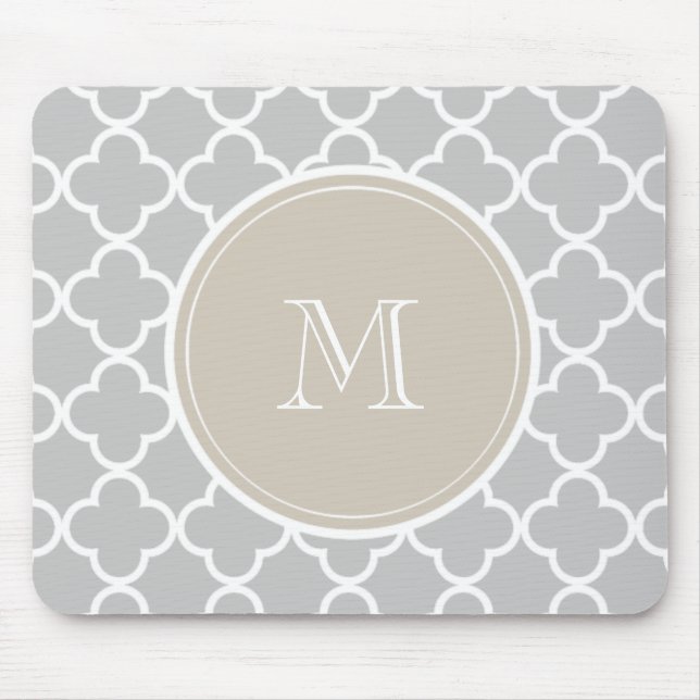 Grey Quatrefoil Pattern, Beige Monogram Mouse Pad (Front)