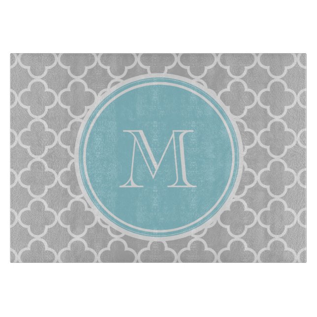 Grey Quatrefoil Pattern, Blue Monogram Cutting Board (Front)