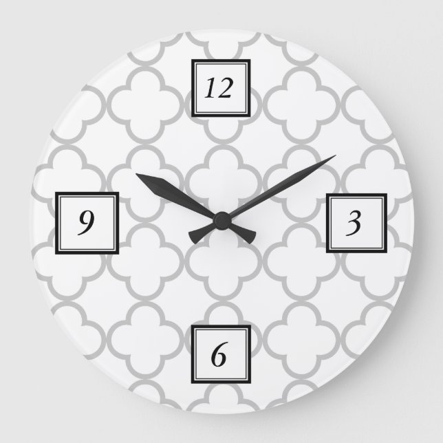 Grey Quatrefoil Pattern Large Clock (Front)