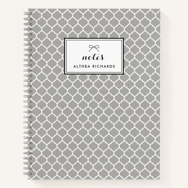 Grey Quatrefoil Pattern Personalised Notebook (Front)