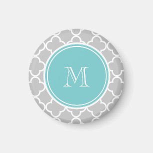 Grey Quatrefoil Pattern, Teal Monogram Magnet