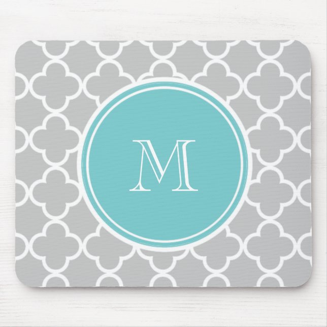 Grey Quatrefoil Pattern, Teal Monogram Mouse Pad (Front)