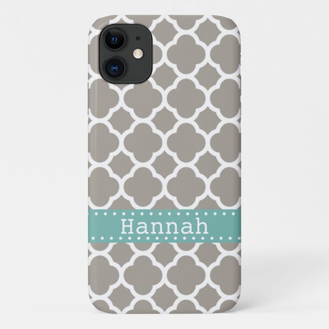 Grey Quatrefoil Pattern Turquoise Ribbon Case-Mate iPhone Case (Back)