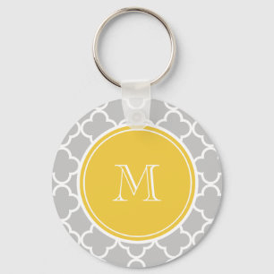 Grey Quatrefoil Pattern, Yellow Monogram Key Ring