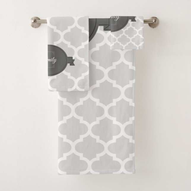 Grey Quatrefoil Personalised Bath Towel Set (Insitu)