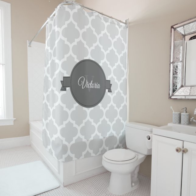 Grey Quatrefoil Personalised Shower Curtain (In Situ)
