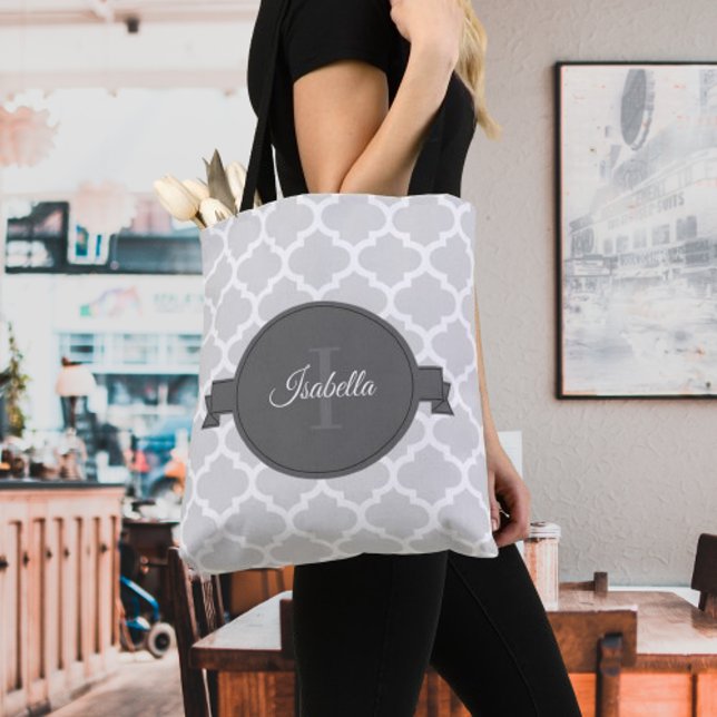 Grey Quatrefoil Personalised Tote Bag (Gray Quatrefoil Personalized Tote Bag)