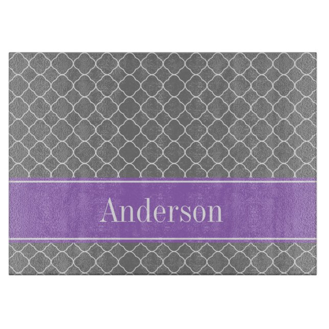 Grey Quatrefoil Purple Personalised Cutting Board (Front)