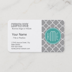 Grey Quatrefoil with Custom Mint Monogram Business Card