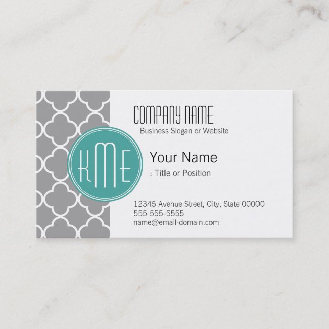 Grey Quatrefoil with Custom Mint Monogram Business Card (Front)