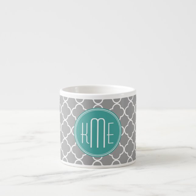 Grey Quatrefoil with Custom Mint Monogram Espresso Cup (Front)