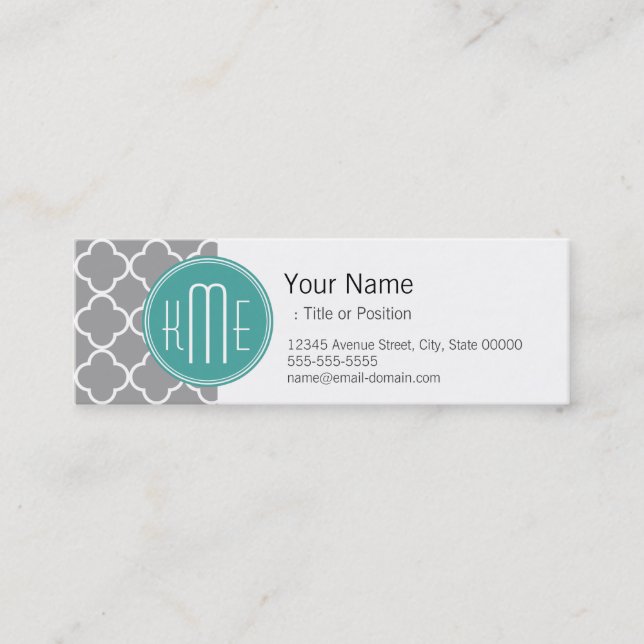 Grey Quatrefoil with Custom Mint Monogram Mini Business Card (Front)