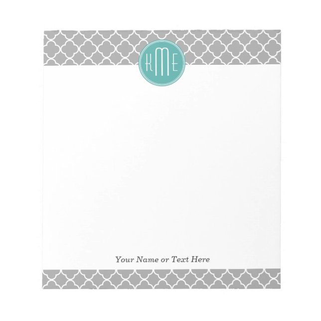 Grey Quatrefoil with Custom Mint Monogram Notepad (Front)