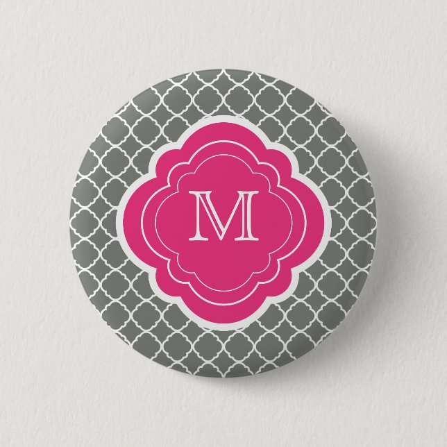 Grey Quatrefoil with Pink Monogram 6 Cm Round Badge (Front)