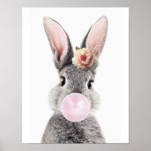 Grey rabbit blowing bubble gum anemone flower poster