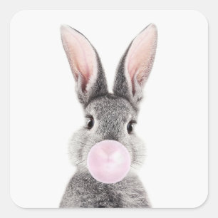 Grey rabbit blowing pink bubble gum square sticker