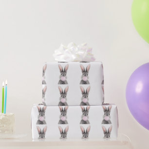 Grey rabbit blowing pink bubble gum wrapping paper