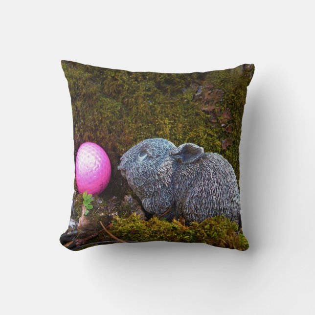 Grey rabbit / bunny and pink golf ball cushion (Front)