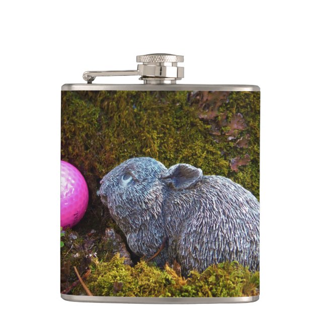 Grey rabbit / bunny and pink golf ball hip flask (Front)