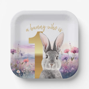 Grey Rabbit First Birthday with Wildflowers Paper Plate